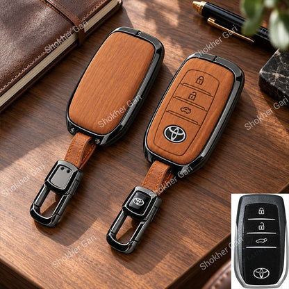 M/Y Car Premium Wood Grain Smart Key Remote Cover with Luxury Metal Keychain