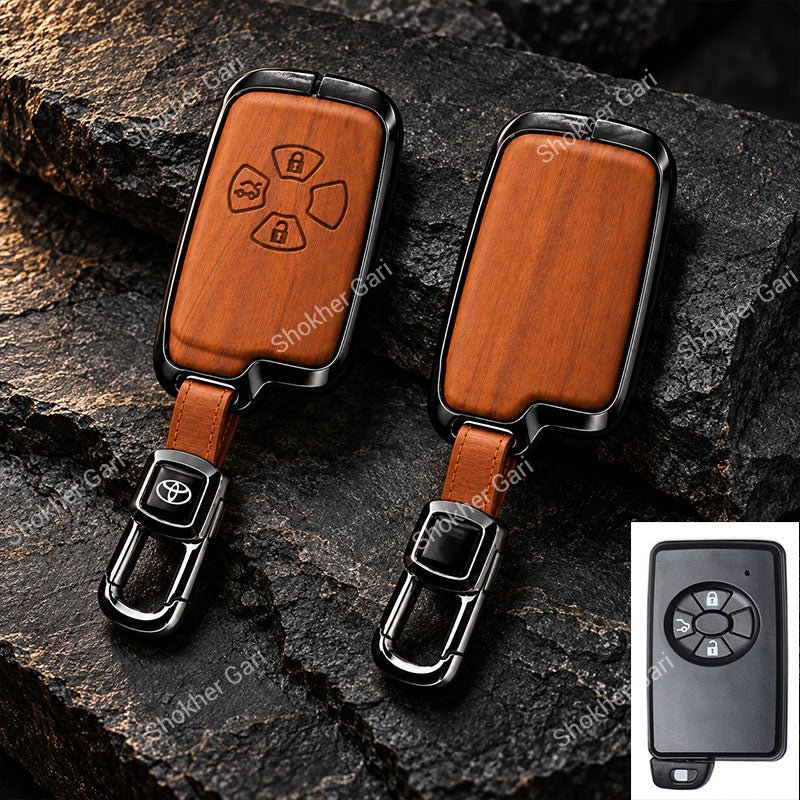 M/Y Car Premium Wood Grain Smart Key Remote Cover with Luxury Metal Keychain
