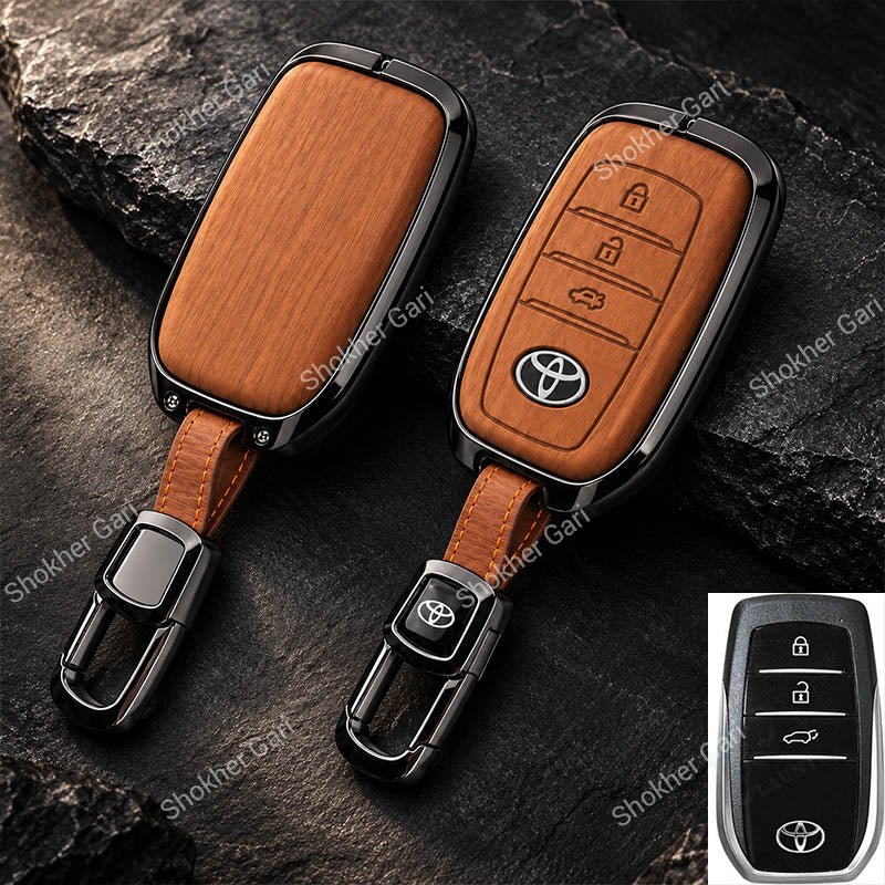 M/Y Car Premium Wood Grain Smart Key Remote Cover with Luxury Metal Keychain