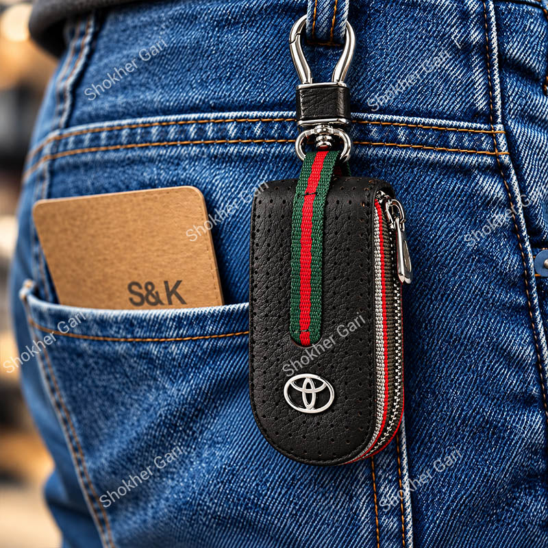 Car Pu Leather Remote Cover Key Holder Case For Toyota With Zipper Pouch