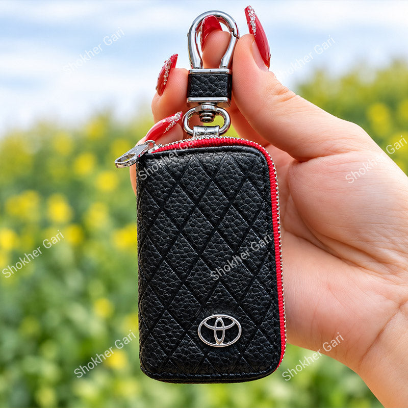 Car Pu Leather Remote Cover Key Holder Case For Toyota With Zipper Pouch