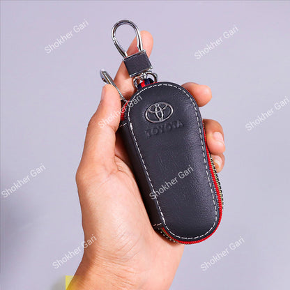 Car Pu Leather Remote Cover Key Holder Case For Toyota With Zipper Pouch