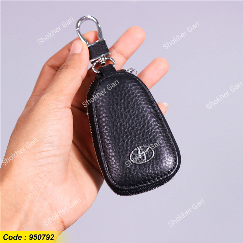 Car Pu Leather Remote Cover Key Holder Case For Toyota With Zipper Pouch