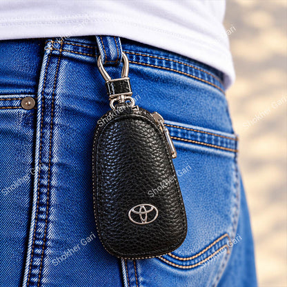 Car Pu Leather Remote Cover Key Holder Case For Toyota With Zipper Pouch