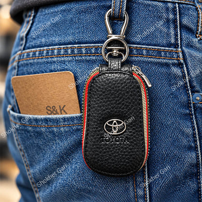 Car Pu Leather Remote Cover Key Holder Case For Toyota With Zipper Pouch