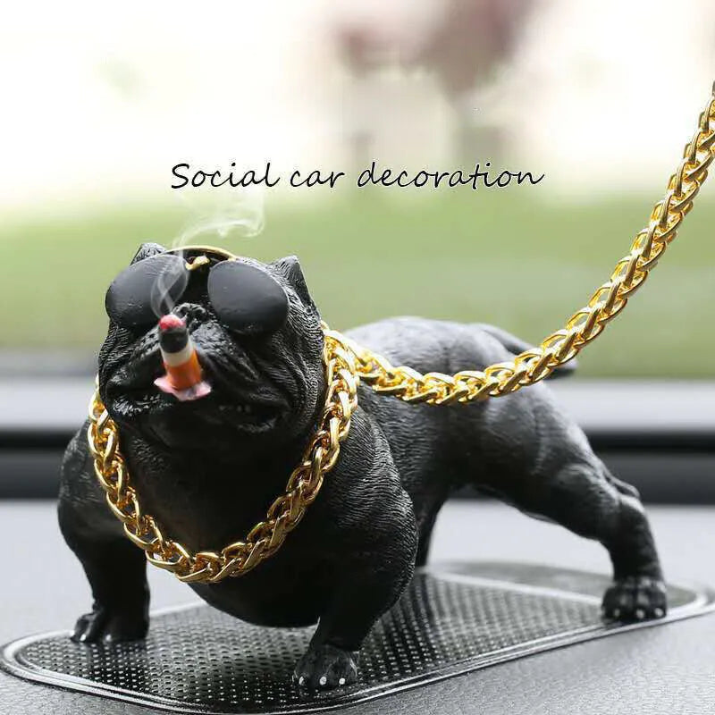 Attractive Car Dashboard Bulldog Smoker with Golden Chain Showpiece image 1