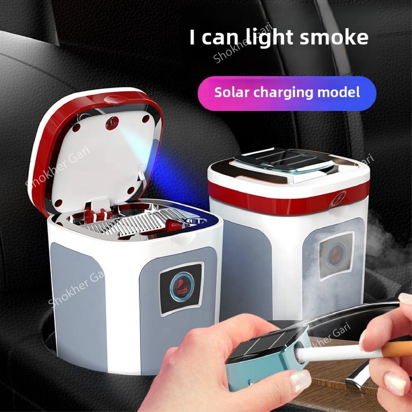 Rechargeable Solar Energy Lighter &amp; LED Car Ashtray - White image