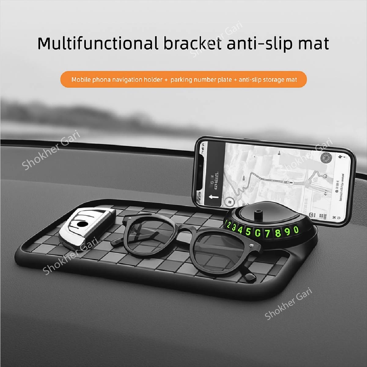 5 Number Design Car Dashboard Anti-Slip Mobile Mat - Black image