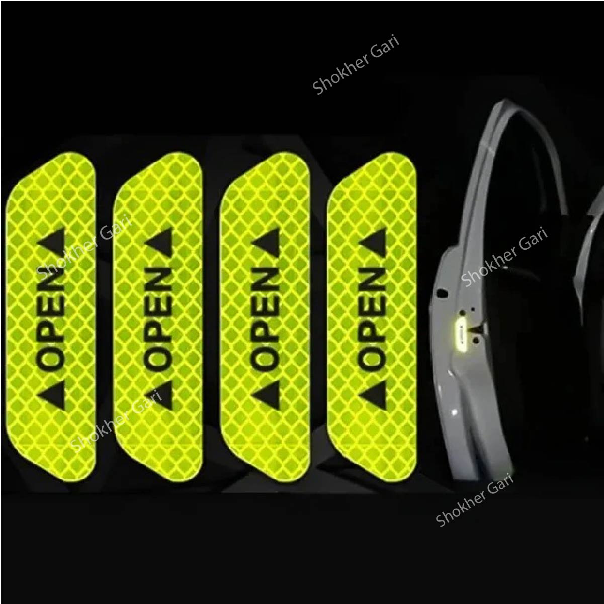 4Pcs Car Door Stickers Safety Warning Mark OPEN - Green image