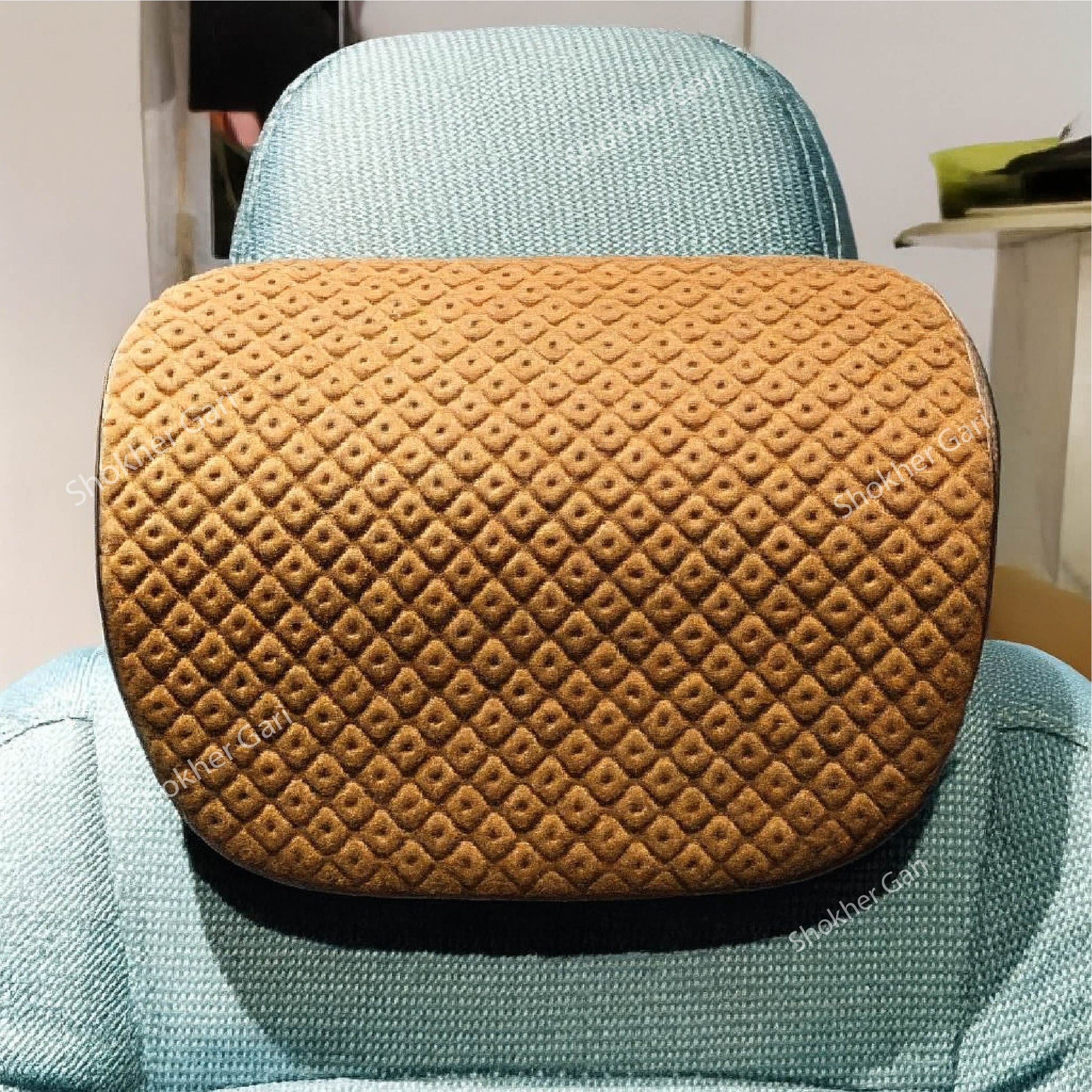 Premium Car Headrest Pillow check Style- 1 piece - Brown image