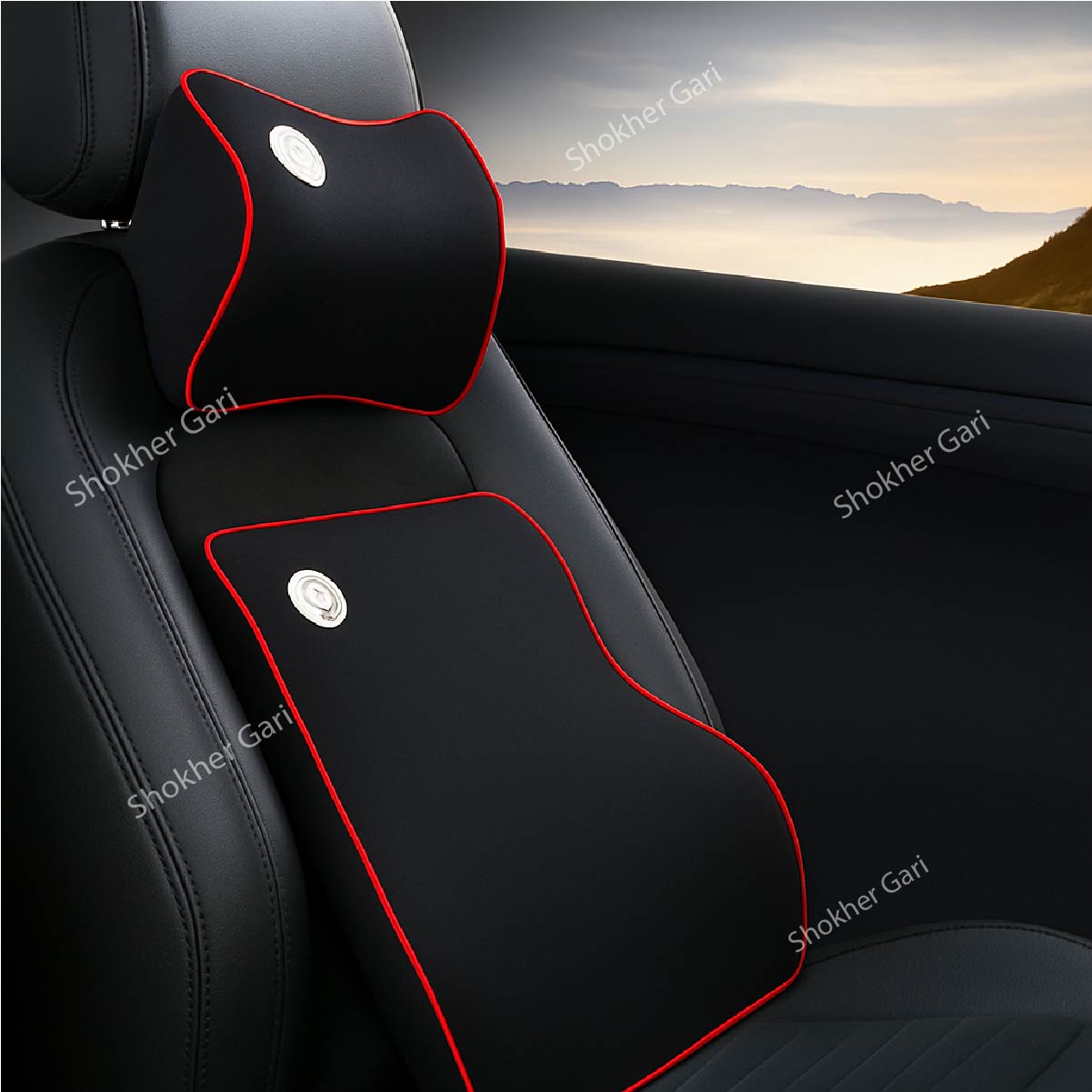 Lumbar Support Pillow Bundle -Car Neck &amp; Back Support Pillow Combo for Comfortable  Drive - 1piece Neck Pillow and 1 Piece Back Support- Memory Foam - Black image