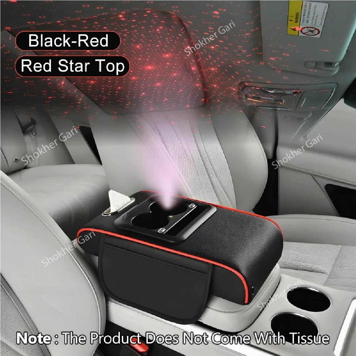 Car Center Console Armrest Box Starry Sky Roof Height - Black Red image