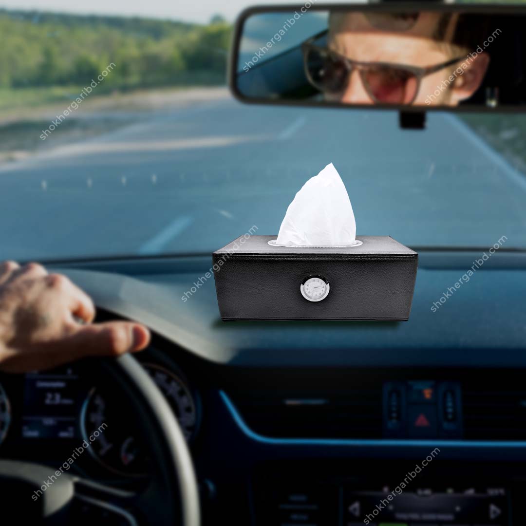 Car Clock Tissue Box  Rectangular  PU Leather image 0