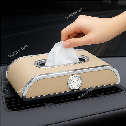 Car Tissue Holder with clock and number plate - 3 in 1 Tissue Box - Beige image