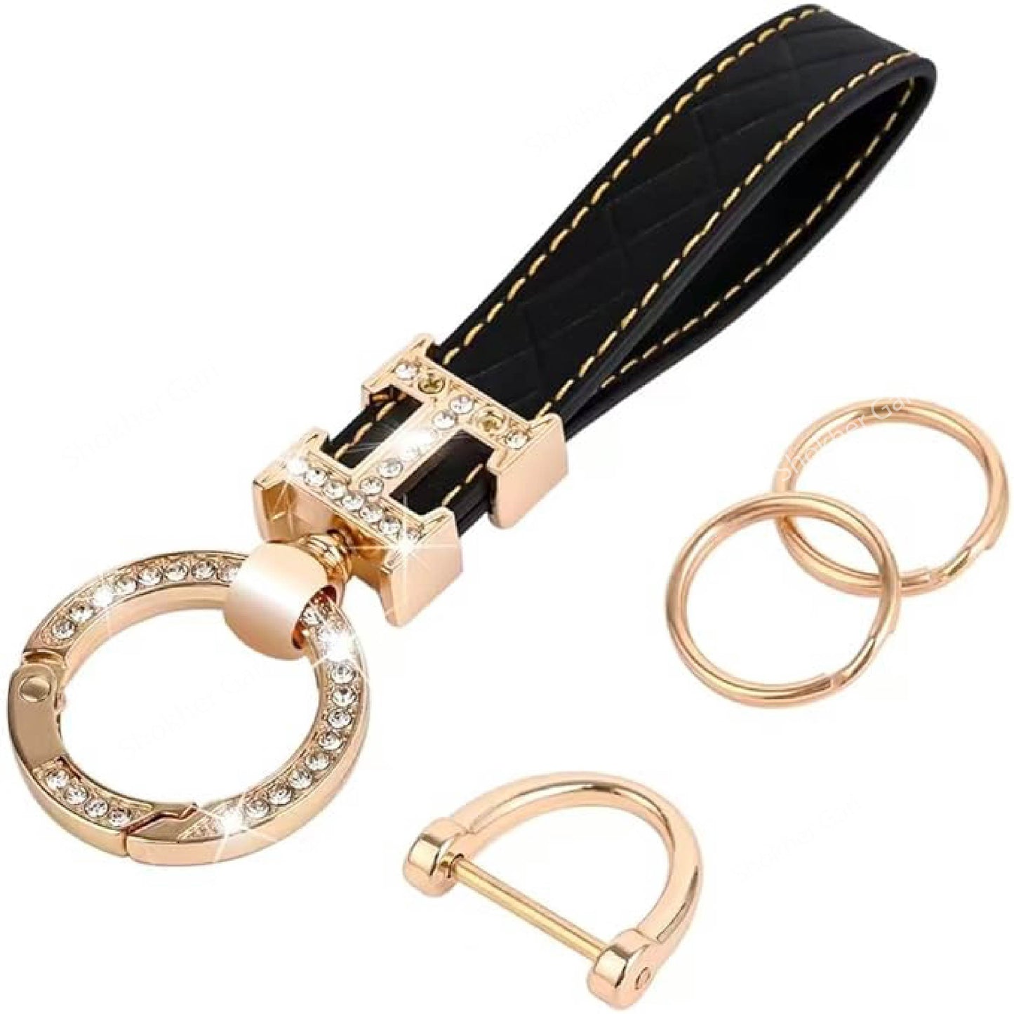 PU Leather Car Keychain with Glitter - Golden Stone image