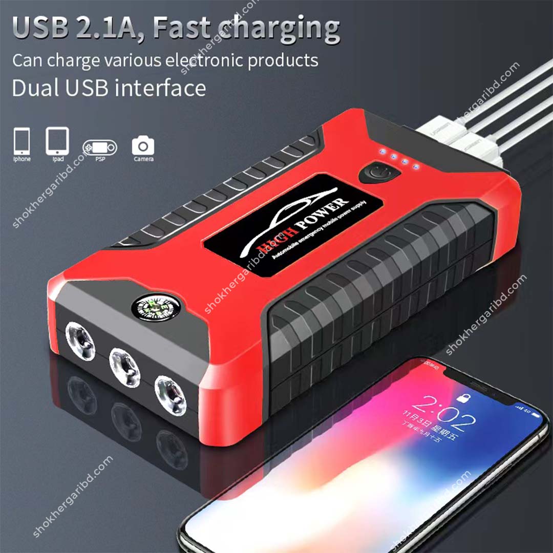Car Red Jumper Starter with Air Pum &amp; Power Bank 99880 mAh image 2