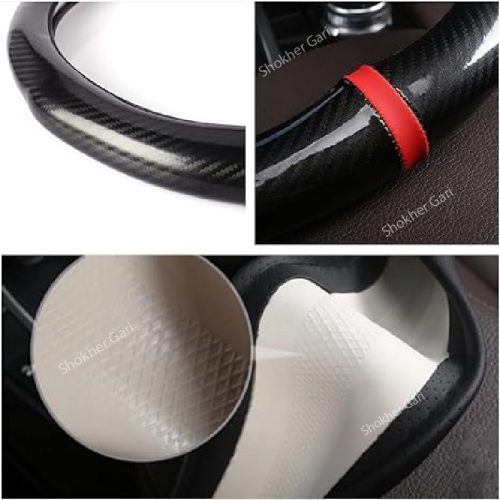 Car Red Design Half Carbon Fiber Steering Cover - Image 2
