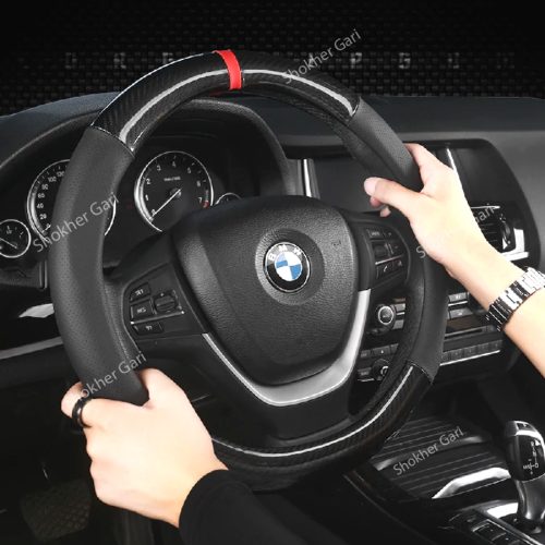 Car Red Design Half Carbon Fiber Steering Cover - Image 1