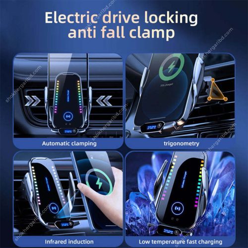 Car Phone Holder Automatic Clamping Wireless Fast Charger Ambient Light Air Vent - Image 3